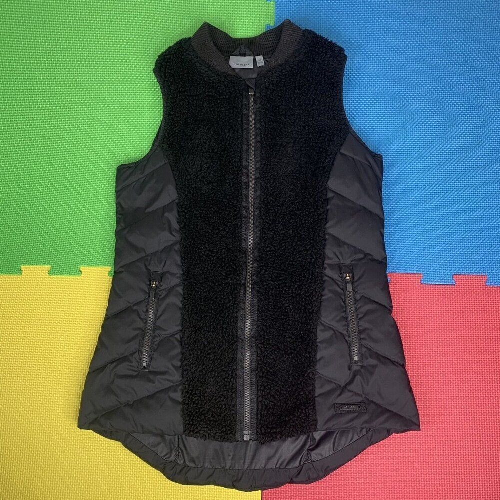 ATHLETA Size XS Responsible Down Quilted Tundra Vest Black/ Faux Fur 866690-01